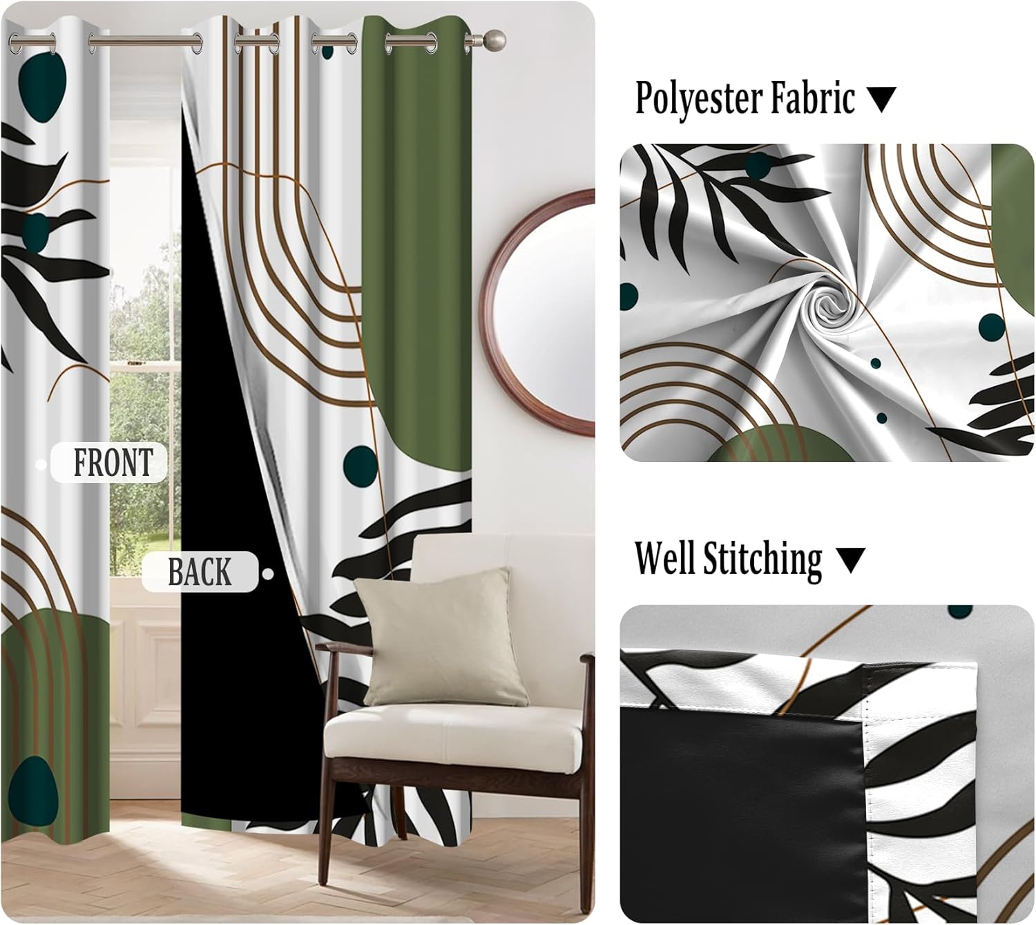 Renaiss Sage Mid Century Blackout Curtains for Bedroom Boho Abstract Leaves Arch Curve Sun Window Curtain Modern Minimalist Thermal Insulated Drapes for Living Room Decor 2 Panels Set, 53x63 Inch