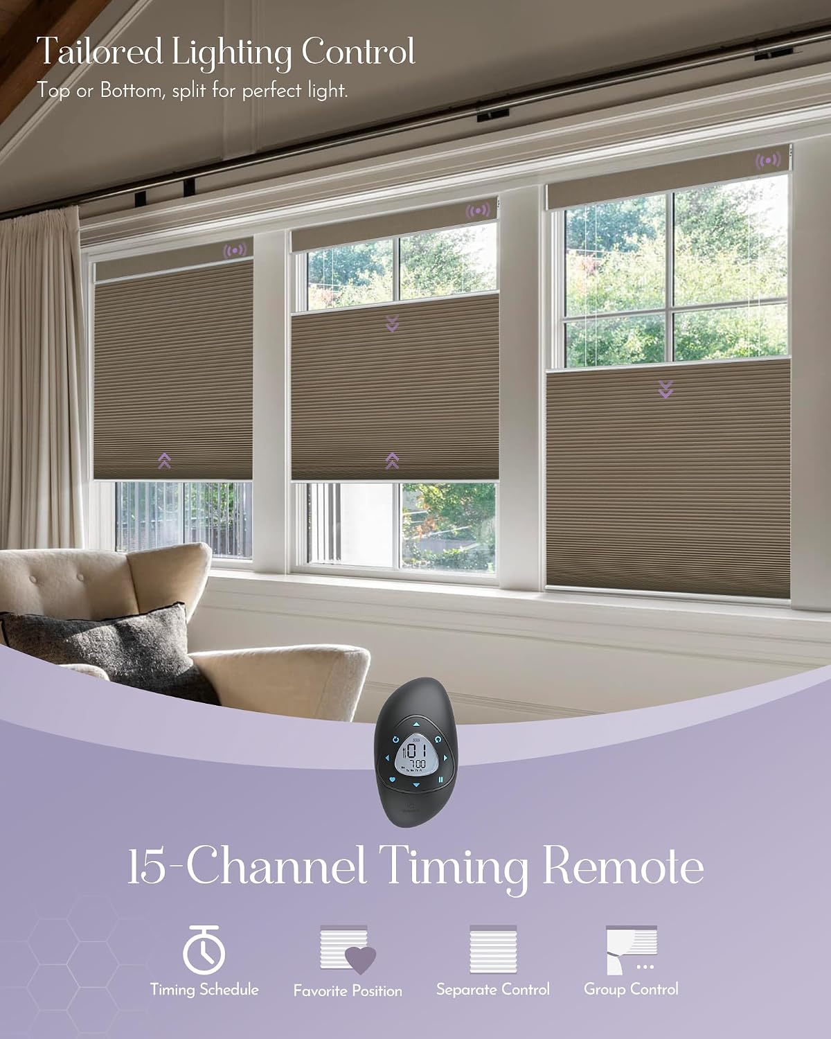 Graywind Smart Top Down Bottom Up Cellular Shades Compatible with Alexa Google Solar Powered Motorized TDBU Shades for Windows Custom Size (Blackout Brown)