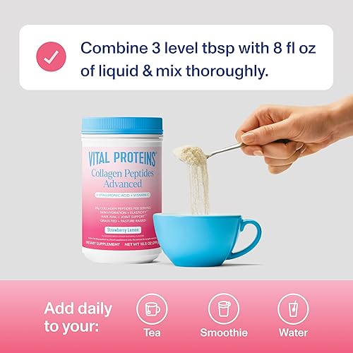 Miniatura 5 de Vital Proteins Péptidos de colágeno avanzados, péptidos hidrolizados con ácido hialurónico y vitamina C - Polvo de sabor a limón y fresa, 10.5 onzas