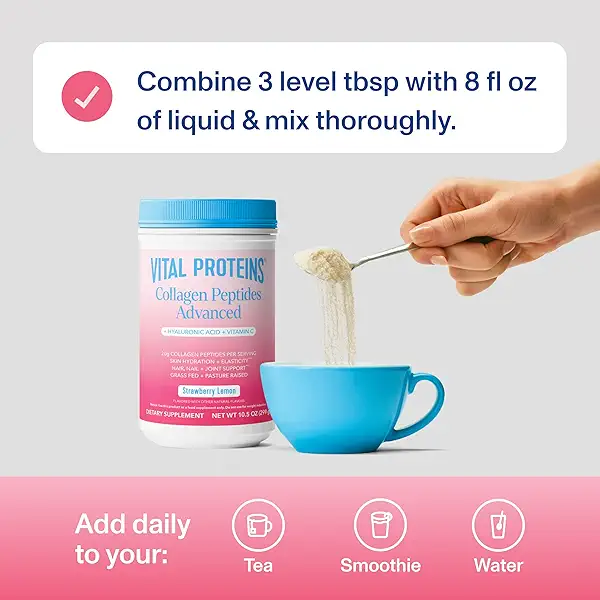 Vital Proteins Collagen Peptides Advanced, Hydrolyzed Peptides with Hyaluronic Acid and Vitamin C - Strawberry Lemon Flavor Powder, 10.5oz (Pack of 2) 5