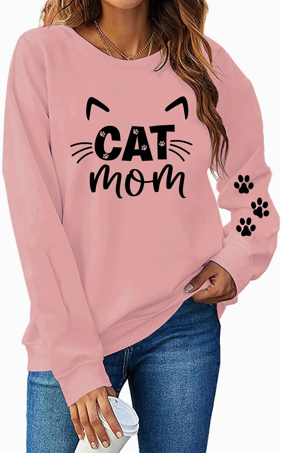 Cat Mom Sweatshirt for Women Cute Cat Mama Life Pullover Paw Pet Lover Long Sleeve Shirt Crewneck Tops