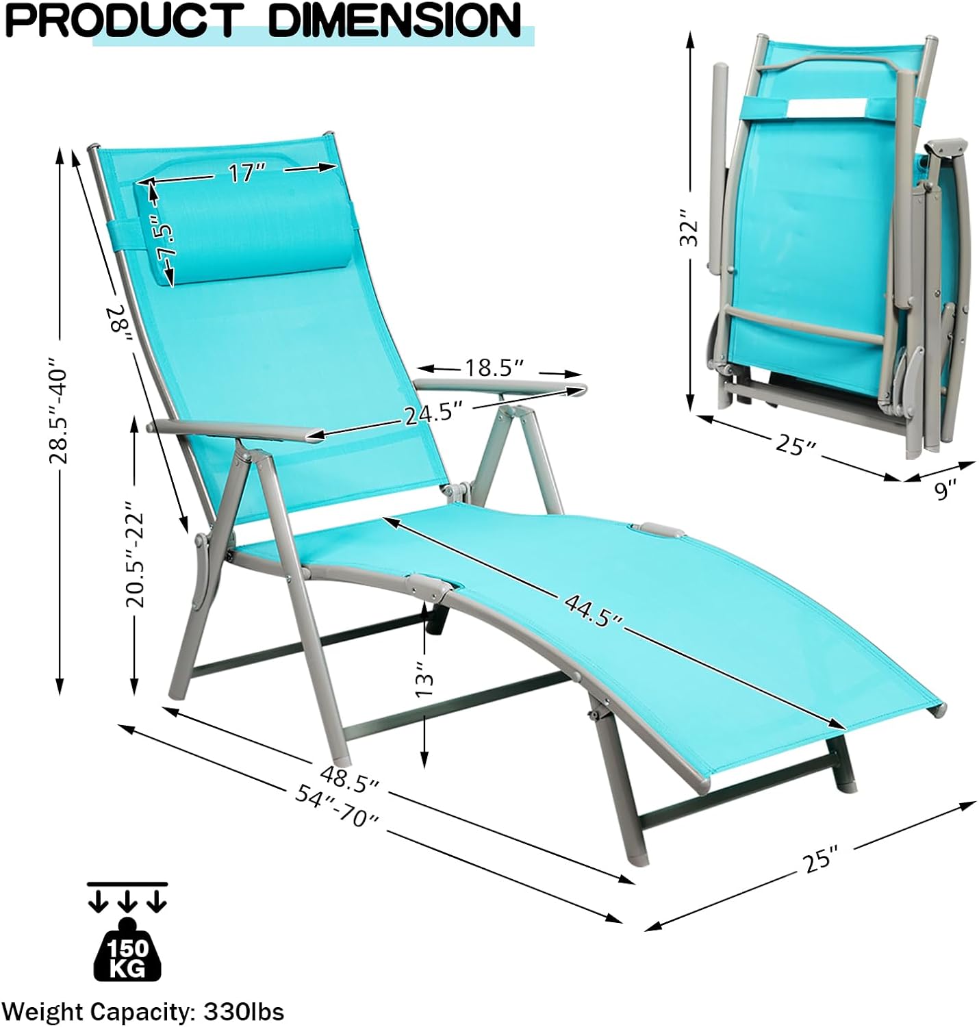 DORTALA Outdoor Folding Chaise Lounge Chair, Lightweight Recliner Chair w/Portable Design and 7 Adjustable Backrest Positions, Outdoor Reclining Beach w/Pillow for Patio, Yard, Poolside, Turquoise