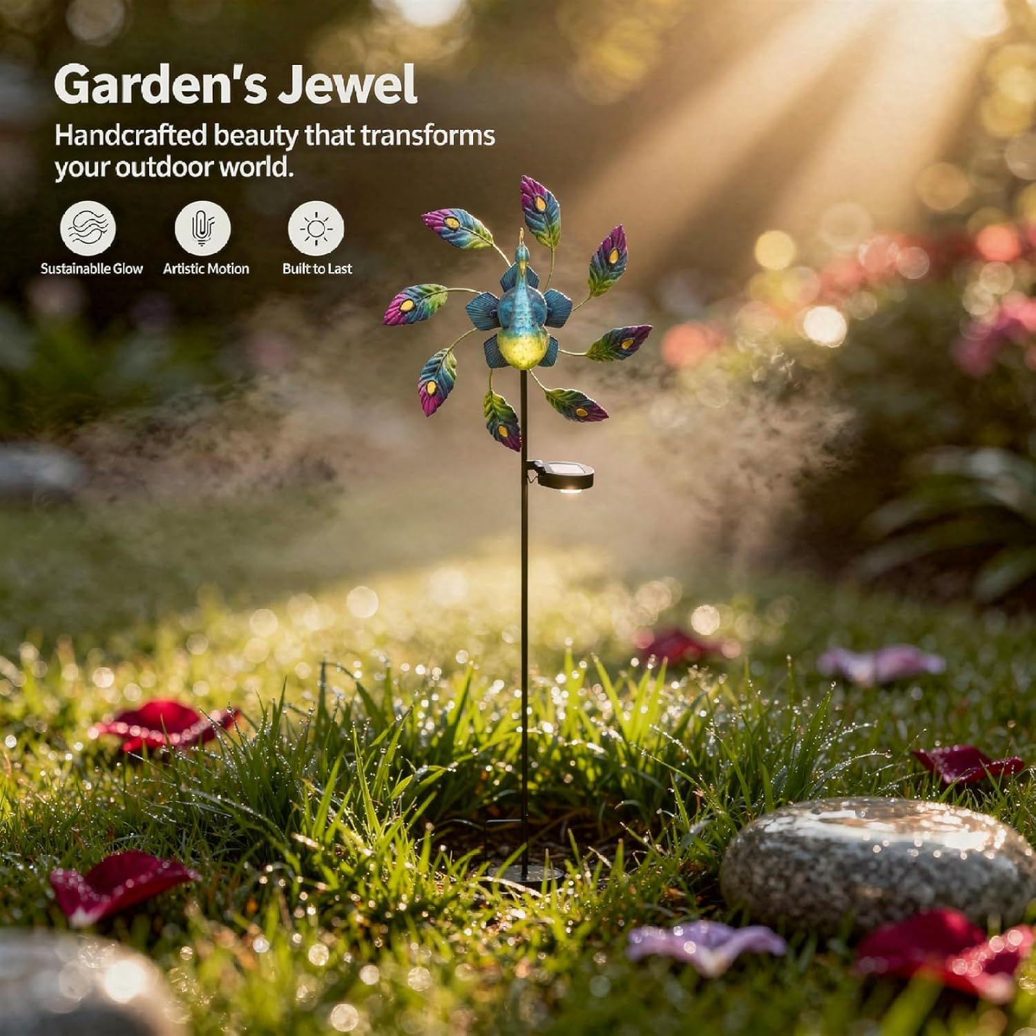 Outdoor Kinetic Peacock Sculpture, Solar Wind Spinner, Crackle Glass Ball, Gem Accents, 14.3 X 14.1 X 14.1 in, Easy Install, Metal Yard Decor