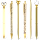 Qeeenar 6 Pcs Ballpoint Pens Set Metal Crystal Diamond Pen for Journaling Glitter Pretty Cute Stationery Black Ink Fancy Gifts for Women Girls Teacher Office Wedding School Supplies(Gold)
