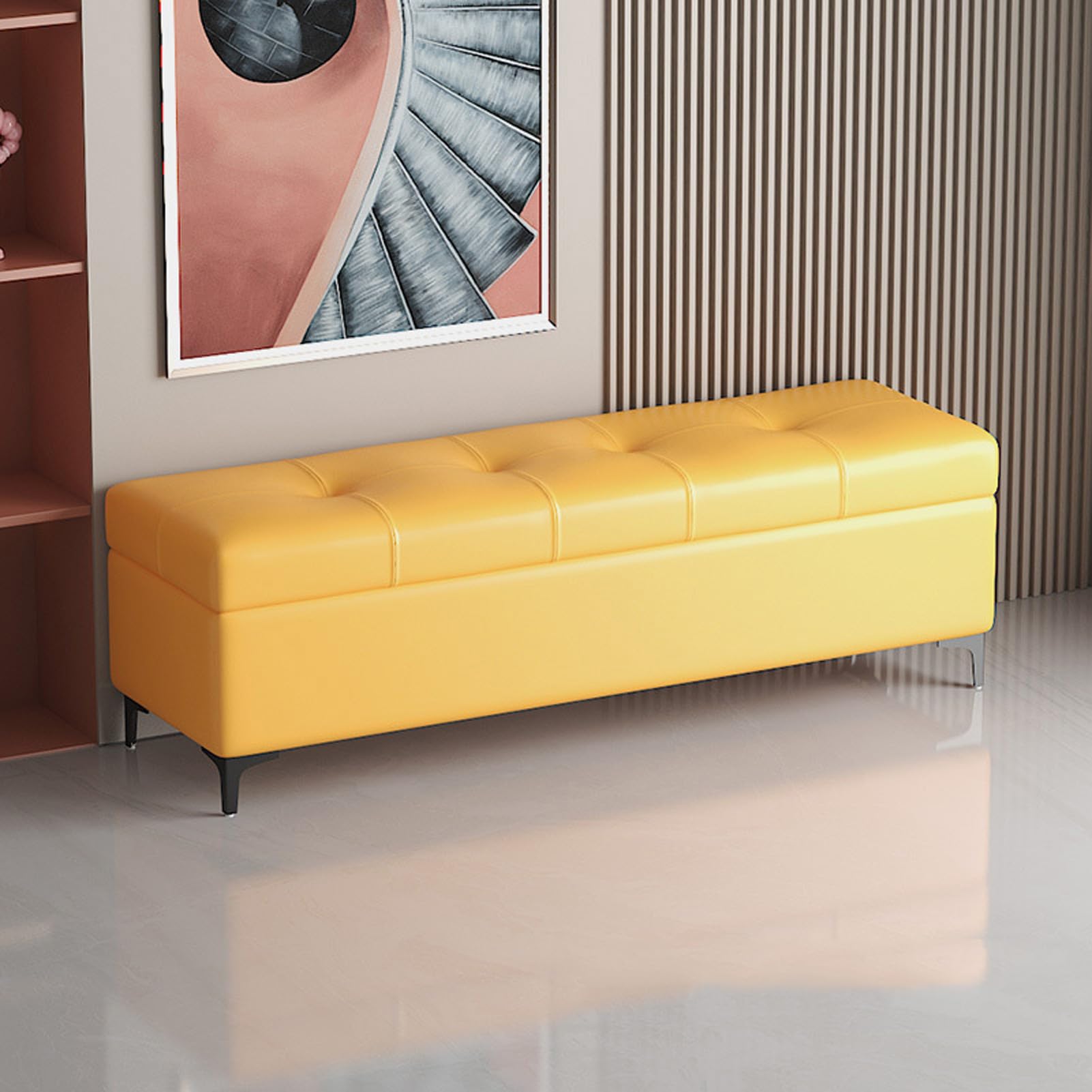 Banc de chambre jaune 40x40x40 cm avec rangement et pieds noirs pour deco moderne