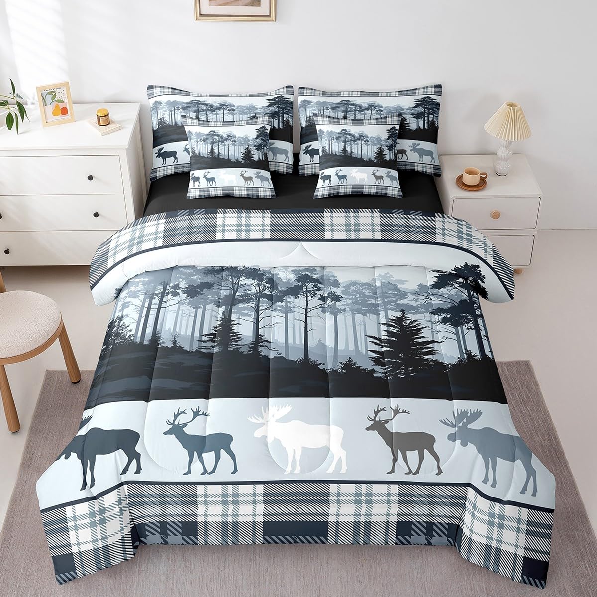 Elk Deer Bed in a Bag King Size Comforter Set 7 Pieces, Blue Checked Plaid Bedding Sets Christmas Moose Reindeer Comforter and Sheet Set, Rustic Pine Trees Woodland Wildlife Farmhouse Decor