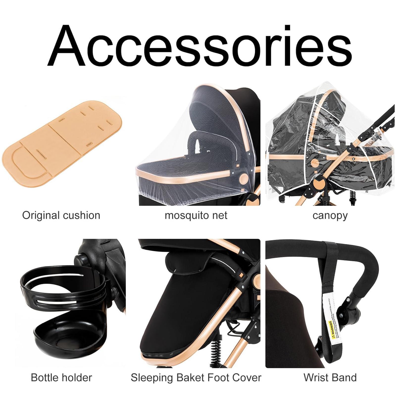 Carro Bebe 3 Piezas, Carrito Bebe 3 en 1 con Dos Modos de Empuje Reversibles, Cochecito Tres Piezas con Capazo Grande Cómodo, Carricoche Tres Alto Paisaje (588 Black Gold)