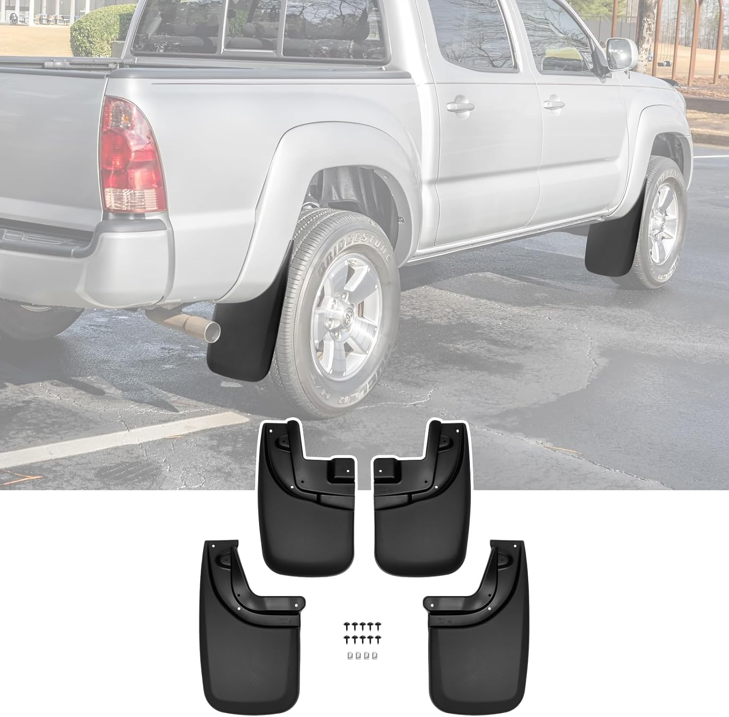 Mud Flaps for 2005-2015 Toyota Tacoma with OEM Fender Flares, No Drill Splash Guards Front & Rear Truck Mud Guards with Hardware Accessories Mudflaps Set(4pcs)