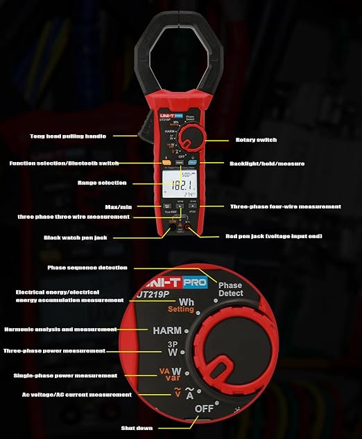 UNI-T UNI-Trend UT219P Pinza Amperimétrica de corriente alterna para medición de potencia armónica; Voltaje/Corriente/Potencia/Ángulo de fase/Frecuencia/Secuencia de fase miniatura 7