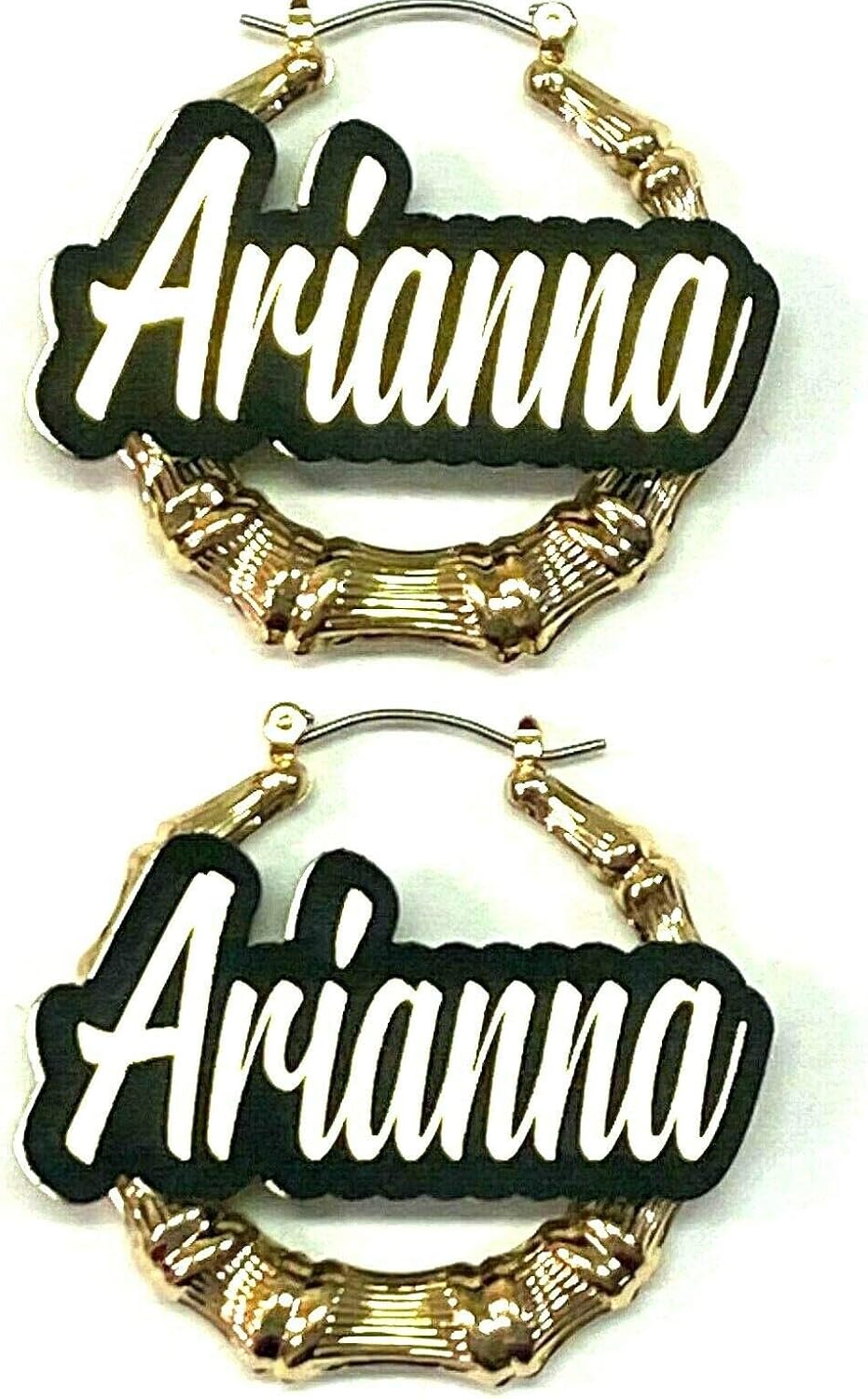 Personalized Custom Gold 1.5, 2.5, 3.5" Size and Background Color Choice Bamboo Earrings Hoop Name Plate Laser Cut Made To Order - Any Name Script Cursive Letters Stunning, Quality, Attractive