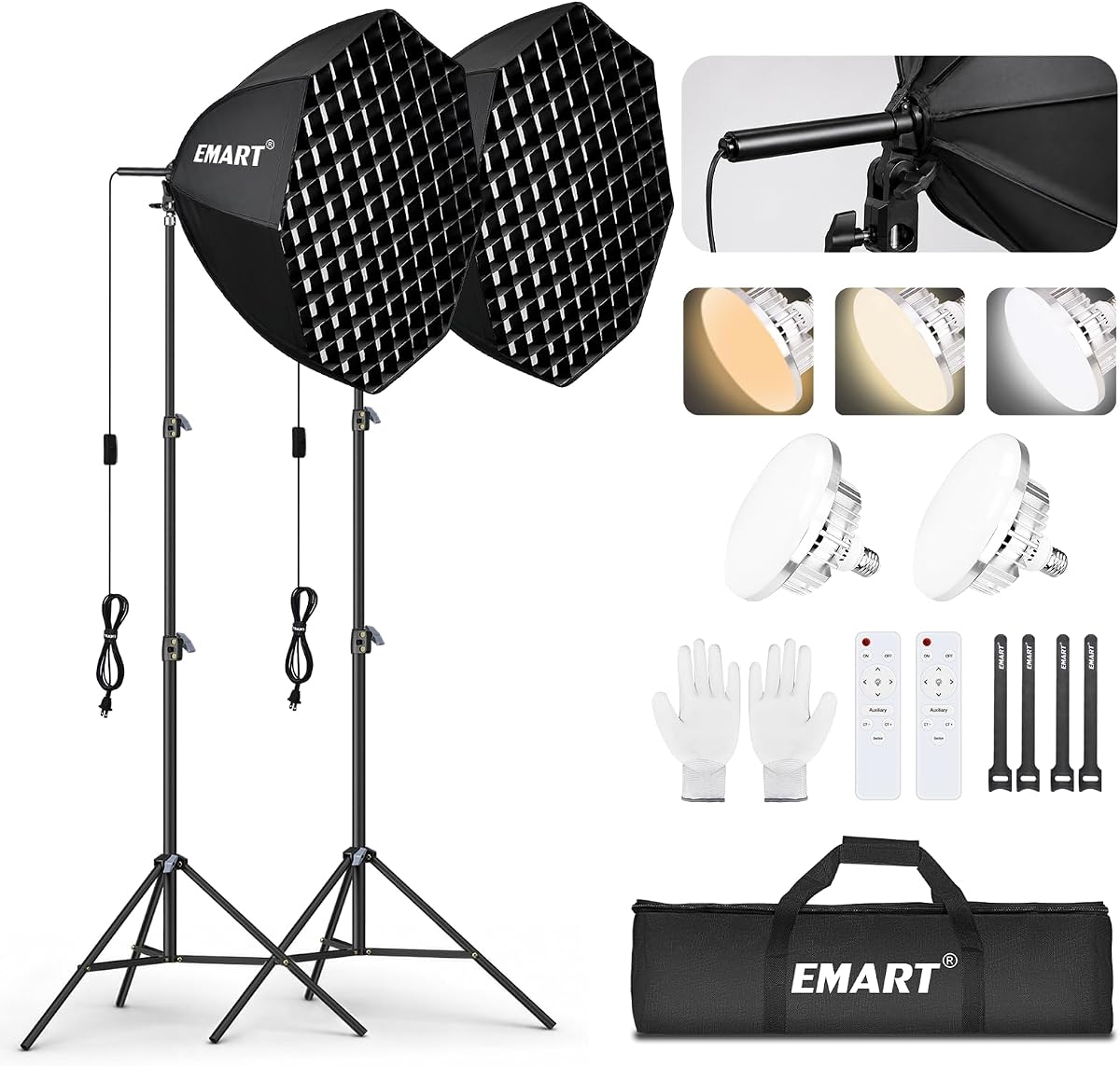EMART Softbox Kit de iluminación con rejilla, 135W 25.5" Soft Box para fotografía | Pull Softbox, bombilla LED 3000K-6500K con control remoto, kit de iluminación de fotografía para grabación de vídeo, transmisión, retrato-2 unidades