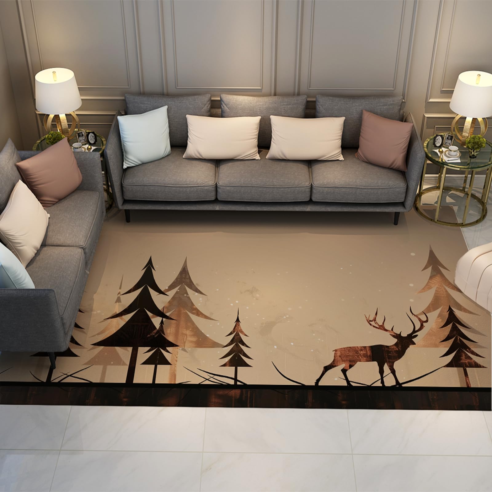 Alfombra de área de Estilo nórdico para Dormitorio Alfombra temática navideña de Pelo bajo Bosque de Pino Alce alfombras de patrón para Chimenea de Sala de Estar 180x280cm