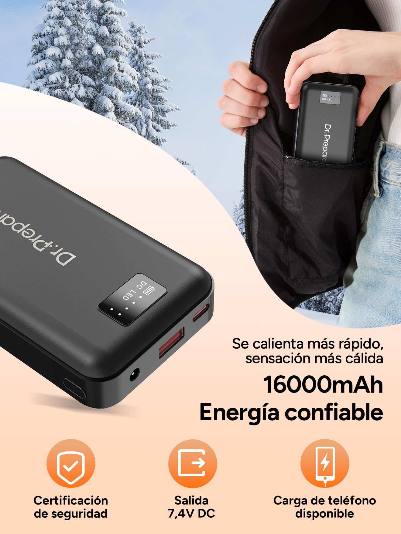 DR.PREPARE Chaleco Calefactable con Capucha para Hombre y Mujer, Batería de 7,4 V 16000 mAh, 3 Niveles de Calefacción 10 Zonas Chaleco Térmico para Esquí Pesca Senderismo Camping