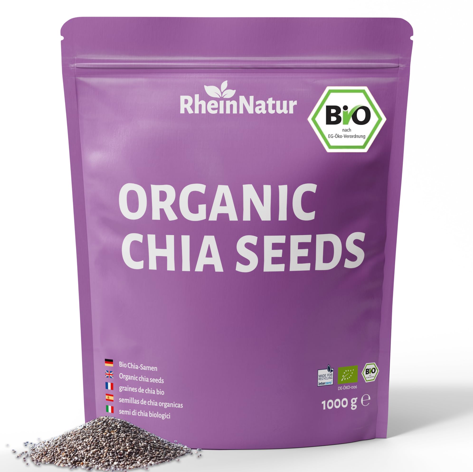 RheinNatur Bio Chia Samen 1 kg - 100% Bio Chiasamen - Reich an Proteinen, Ballaststoffen & Omega-3-Fettsäuren - Ideal für Salate, Joghurt, Müsli & Chia-Wasser - 1000 g Beutel