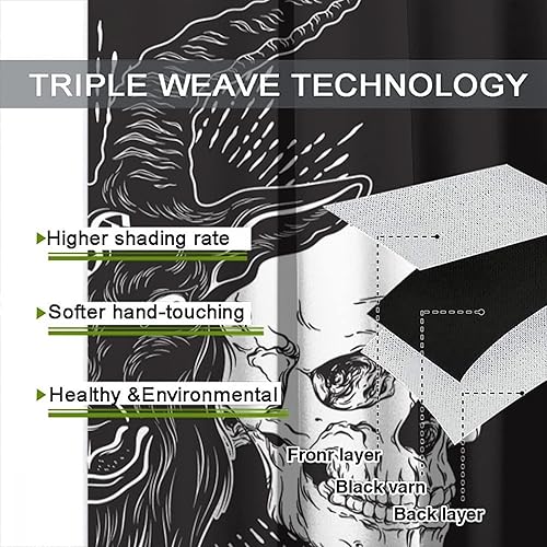 Vista 265 de Cortinas de cabeza de cabra, misteriosa cabeza de cabra malvada, calavera negra, bolsillo para barra, cortinas opacas para ventana, juego de 2