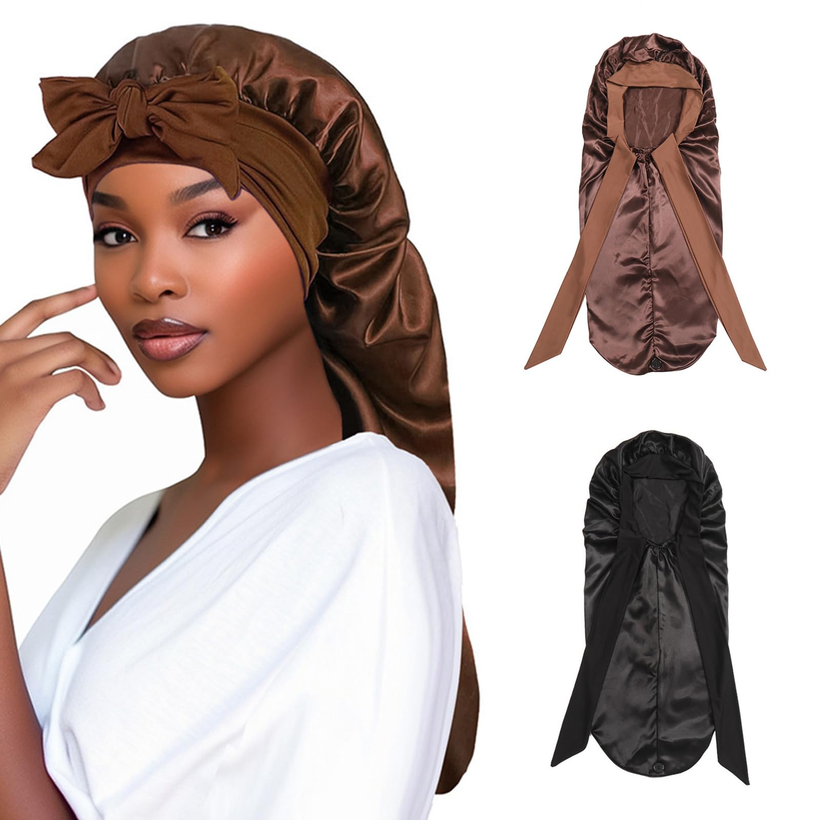 Satin Bonnet Extra Long Silk Sleep Bonnets for Women Adjustable Satin Night Sleeping Cap with Elastic Band Silk Hair Cap for Sleeping Hair Bonnet for Long Curly Hair Braid (Black