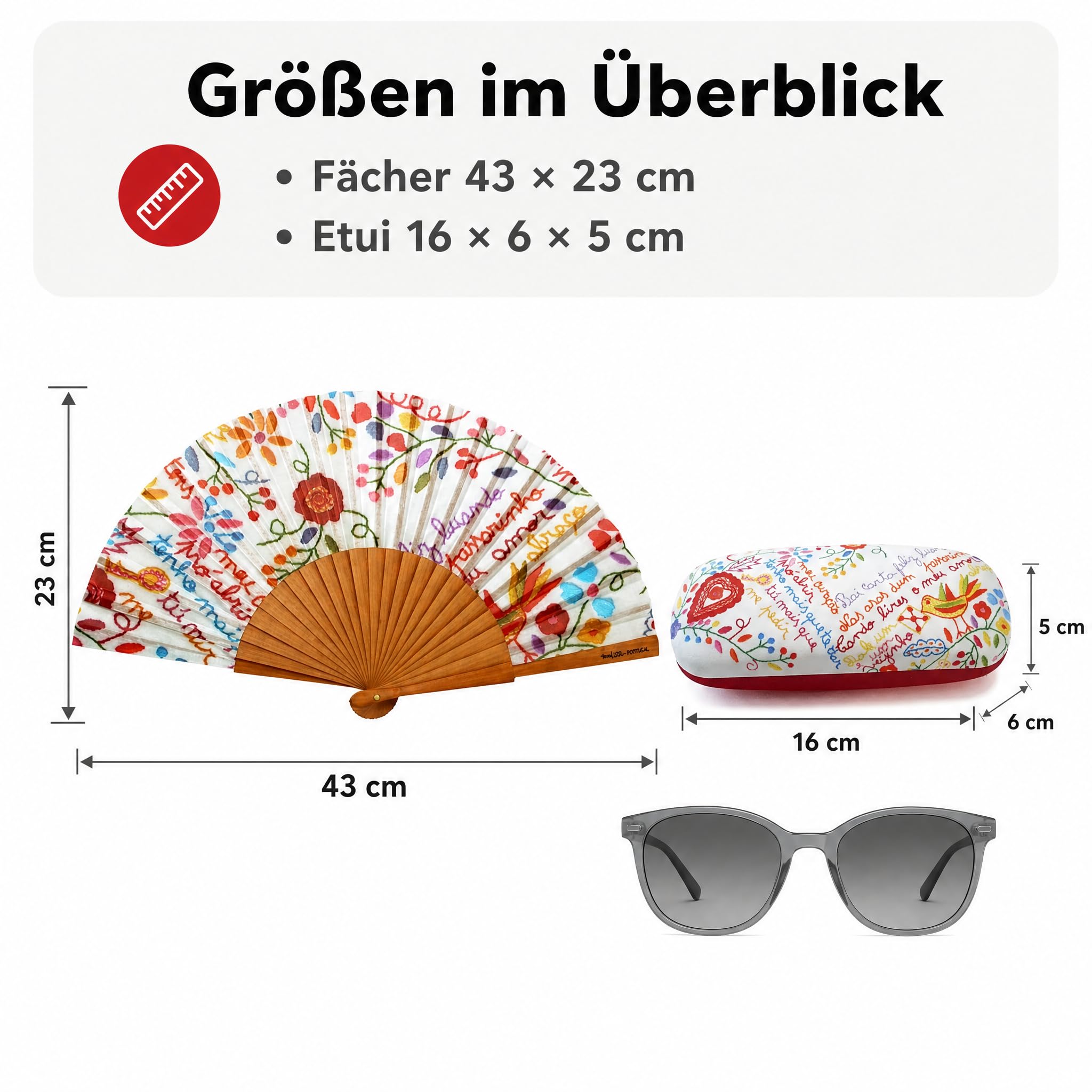 Handfächer & Brillenetui Set, Blumenmuster, Geschenkset Frauen | Faltbarer Handfächer mit Holzgestell und passendes Hartschalen-Brillenetui im Folk-Art-Design – als Muttertagsgeschenk