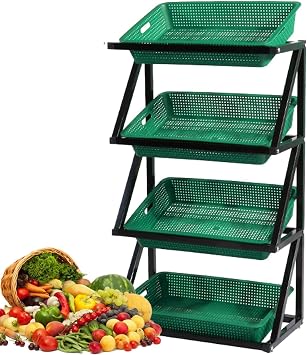 4-Tier Fruit & Vegetable Display Shelf with 4/8 Baskets, Metal Retail Rack for Supermarket, Kitchen, StoreType B,Twin