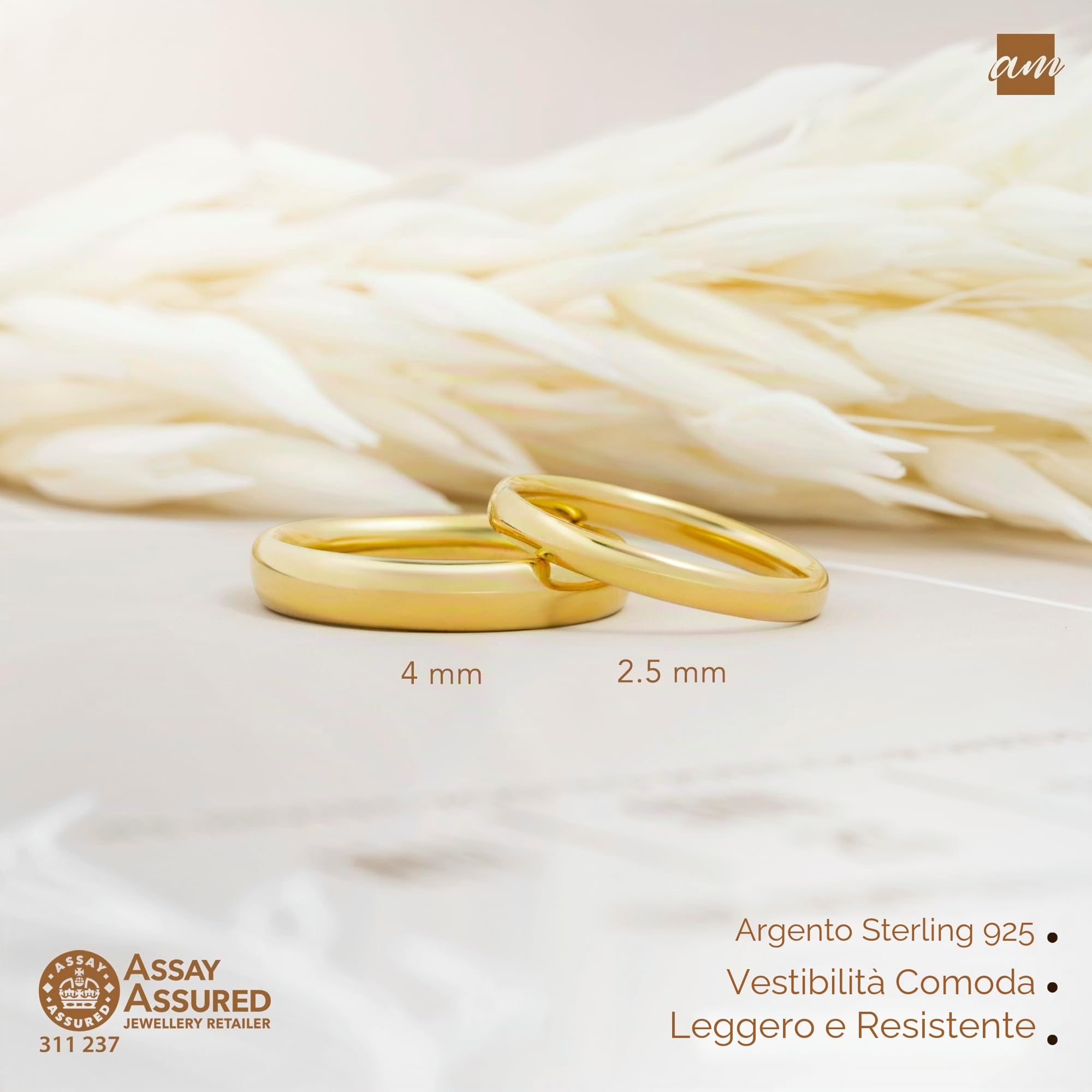 Amberta Fede nuziale per coppia in argento Sterling 925 placcato oro | anello di nozze da donna | fede nuziale per uomo | fede nuziale coppia oro