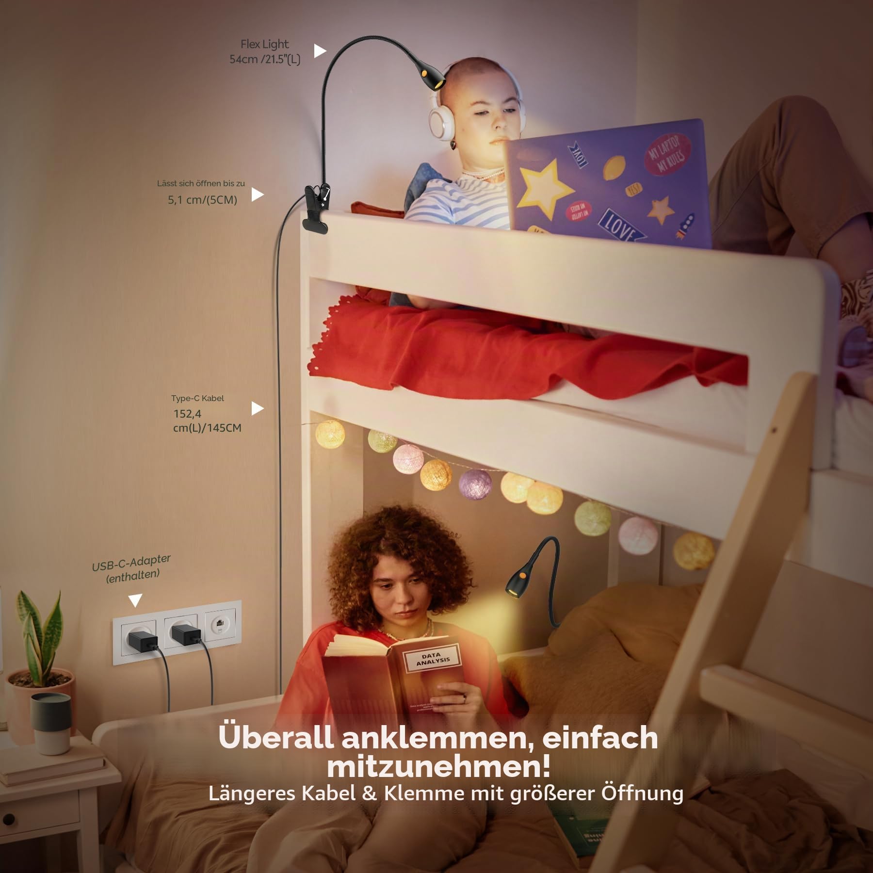 acegoo Minimalistisches Leselicht für Clip-on-Lampe, Bettkopfteil, dimmbares Buchlicht, 3000 K/Bernsteinfarbenes Licht mit USB-C-Adapter, flexibler Schwanenhals & praktischer Lampenkopfschalter, CRI