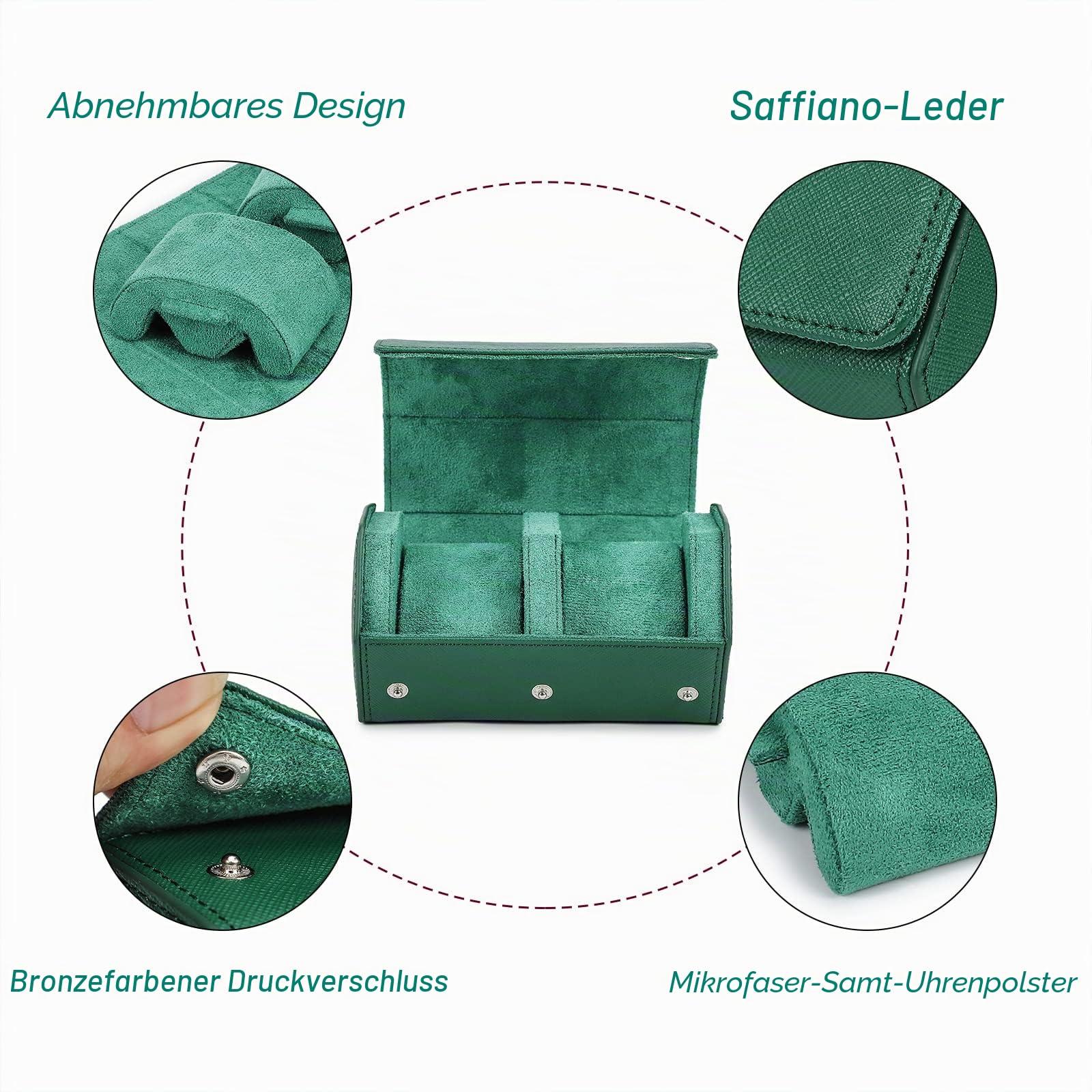 Hiram Uhren-Reiseetui, echtes Leder, sechseckig, 2 Uhrenrollen, Aufbewahrungsbox, schützender Organizer für Armbanduhren (grün)