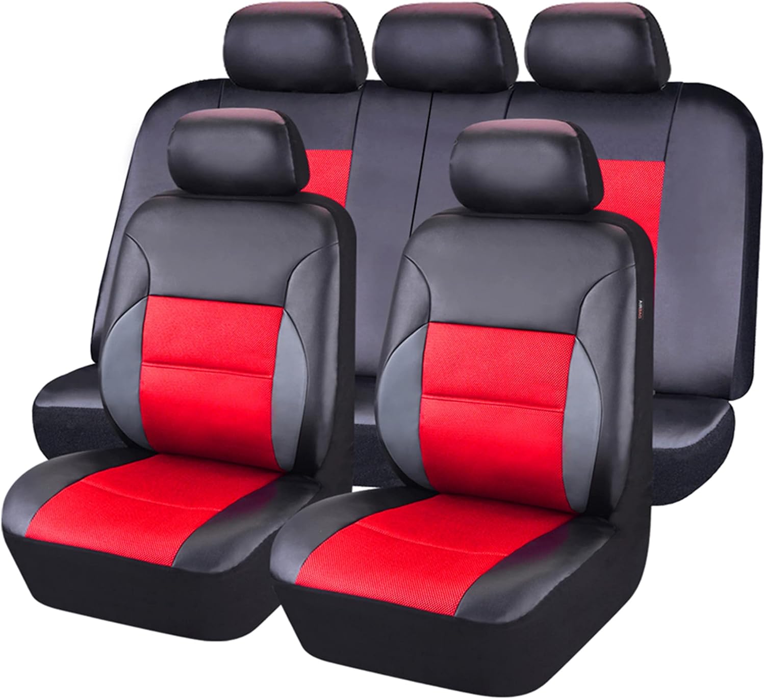 CAR PASS Luxurious Faux PU Leather Universal Seat Covers Set, Car Seat Cover Full Set Fit for Vehicles Sedan SUVs Trucks with Super 5mm Composite Sponge Inside, Airbag Compatible (Black and Red) Black&Red Full Set-Leather&Mesh