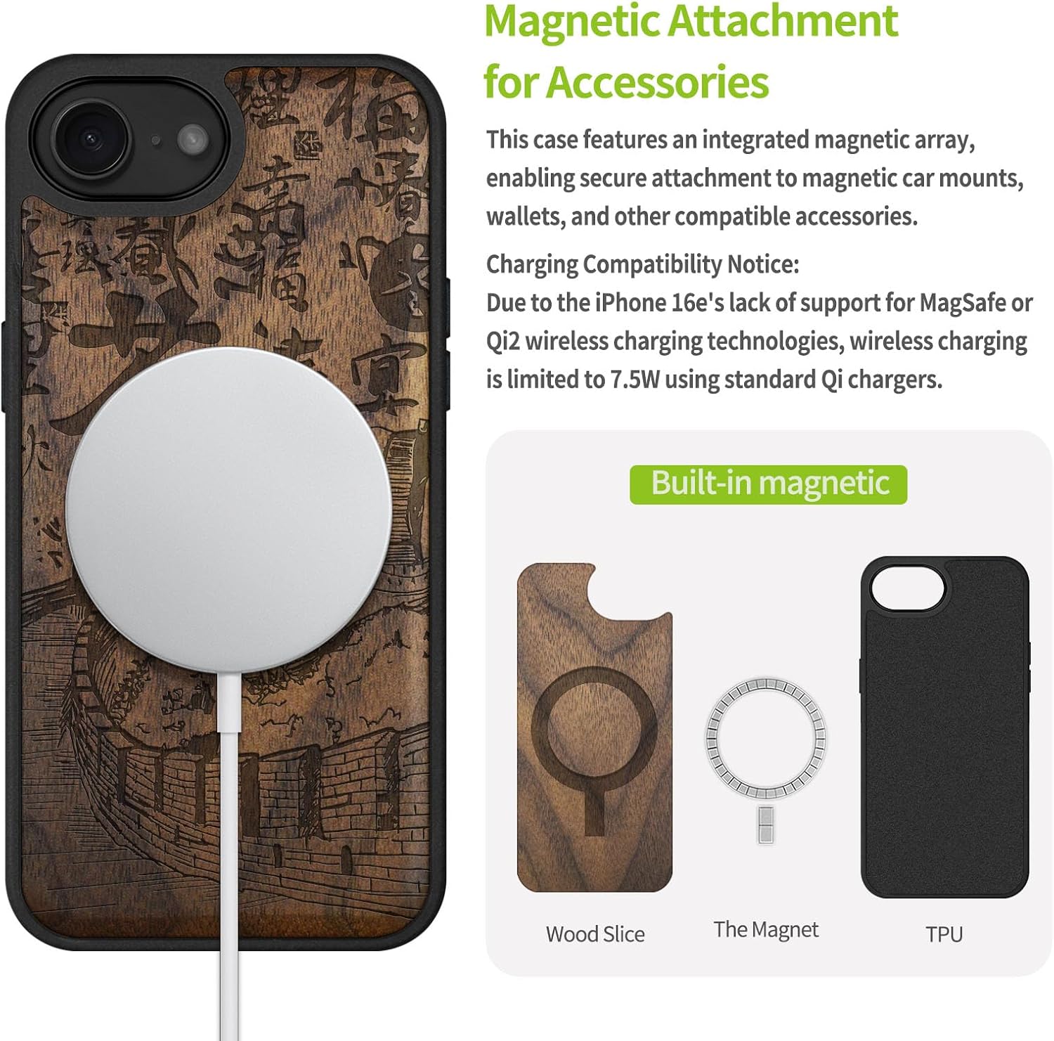 Carveit Magnetic Wooden Case for iPhone 16e / 17e, Solid Wood & Black TPU, Artisan Engraved Design, Shockproof Cover, Compatible with MagSafe Wireless Chargers, Hand Drawn Great Wall of China - Walnut