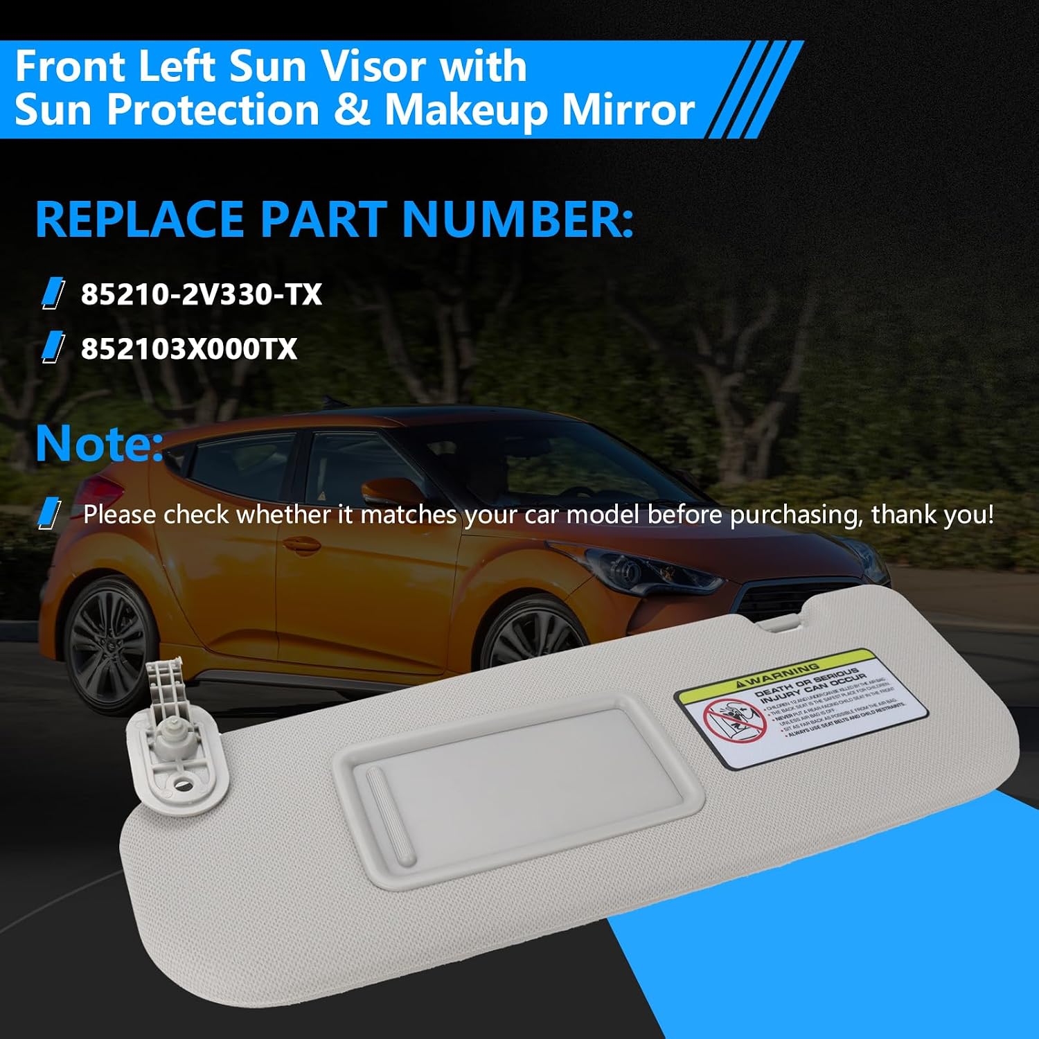 Front Left Sun Visor with Sun Protection & Makeup Mirror (Gray) – Compatible with 2012-2016 Hyundai Veloster, Replaces OEM Part 85210-2V330-TX (Driver Side)