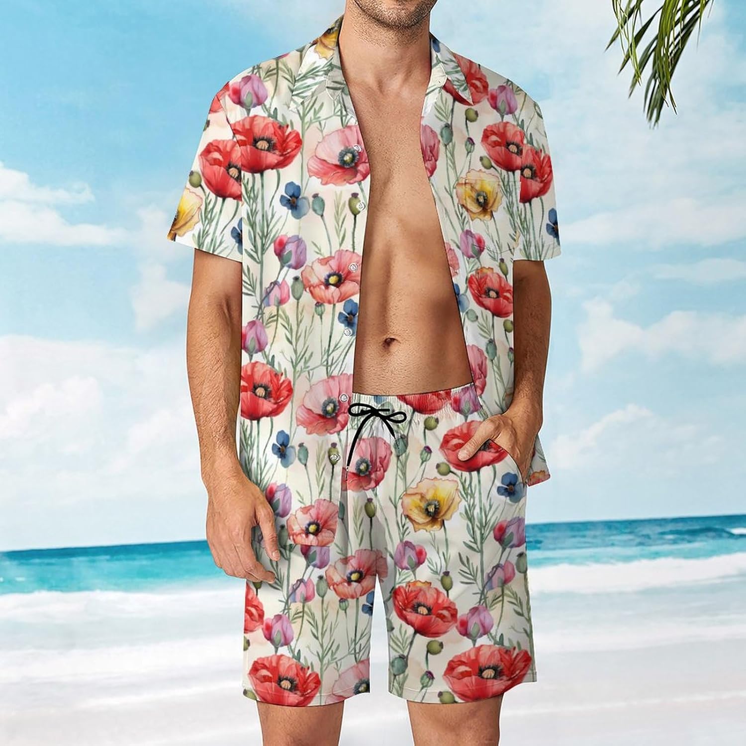 Poppy Flowers Men's Summer Beach Outfits Shirt And Shorts Set 2 Piece Vacation Swimwear