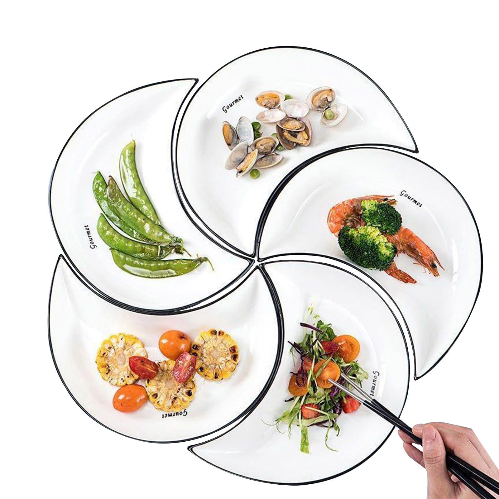 Generic Moon Shaped Ceramic Dinner Plates - Set of 5, 8.66x8.54 Inches, Multicolor, Modern Moon Shape, Microwave, Oven Steamer Safe