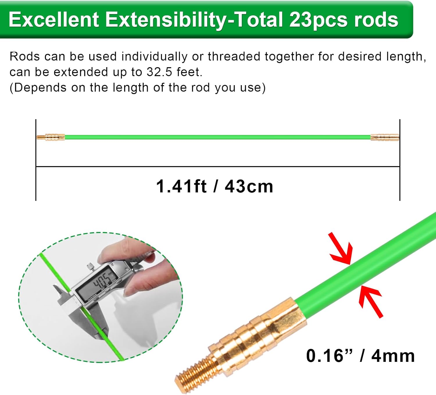 32.5FT Fiberglass Running Electrical Wire Cable Glow Rods Wire Pulling, Fish Tape Set with Accessories, Green