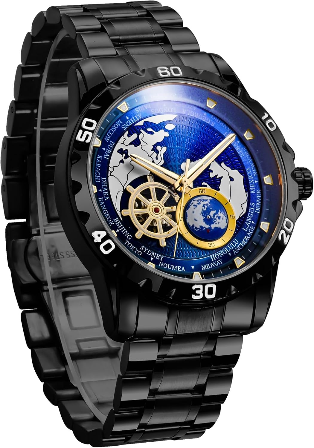 Automatic Watches for Men, Blue Rotating Little Earth Blue Dial Men's Mechanical Watch Luminous Hands, 3ATM Waterproof Steel Strap Stopwatch