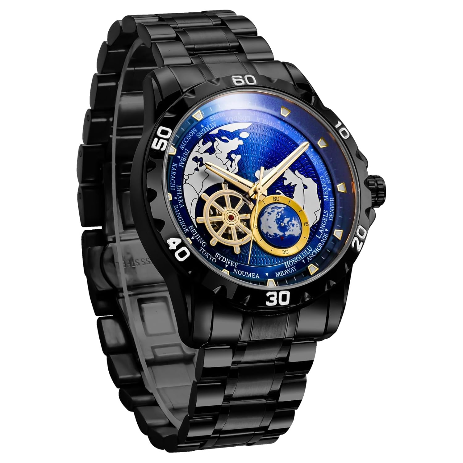 GLENAW Automatic Watches for Men, Blue Rotating Little Earth Blue Dial Men’s Mechanical Watch Luminous Hands, 3ATM Waterproof Steel Strap Stopwatch, 8988-Black Case, Modern