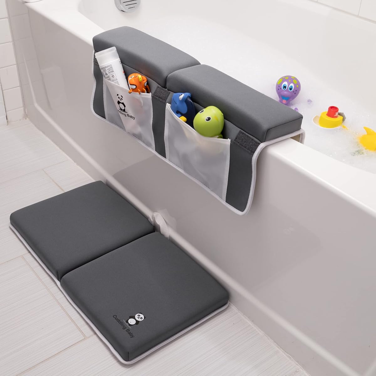 Juego de rodilleras y coderas para baño, antideslizantes con bolsillos de almacenamiento, gris | Juego de 2 alfombrillas para bañera de bebé, antideslizantes, almohadillas de espuma viscoelástica para arrodillarse, lavables a máquina, paquete de almohadillas de espuma duraderas