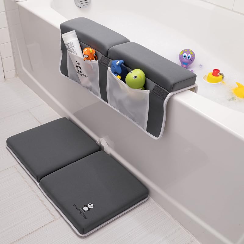 Juego de rodilleras y coderas para baño, antideslizantes con bolsillos de almacenamiento, gris | Juego de 2 alfombrillas para bañera de bebé, antideslizantes, almohadillas de espuma viscoelástica para arrodillarse, lavables a máquina, paquete de almohadillas de espuma duraderas