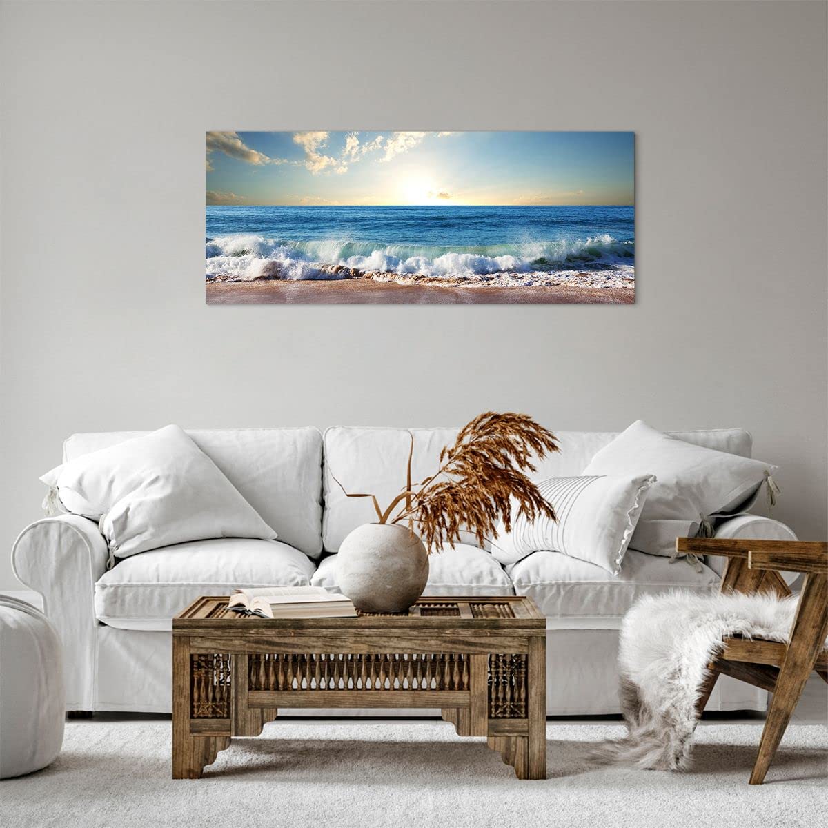 Tableau Déco Moderne Sur Toile 100x50cm - Architecture, Mer Et Pont - Gris Moderne (Neuf)