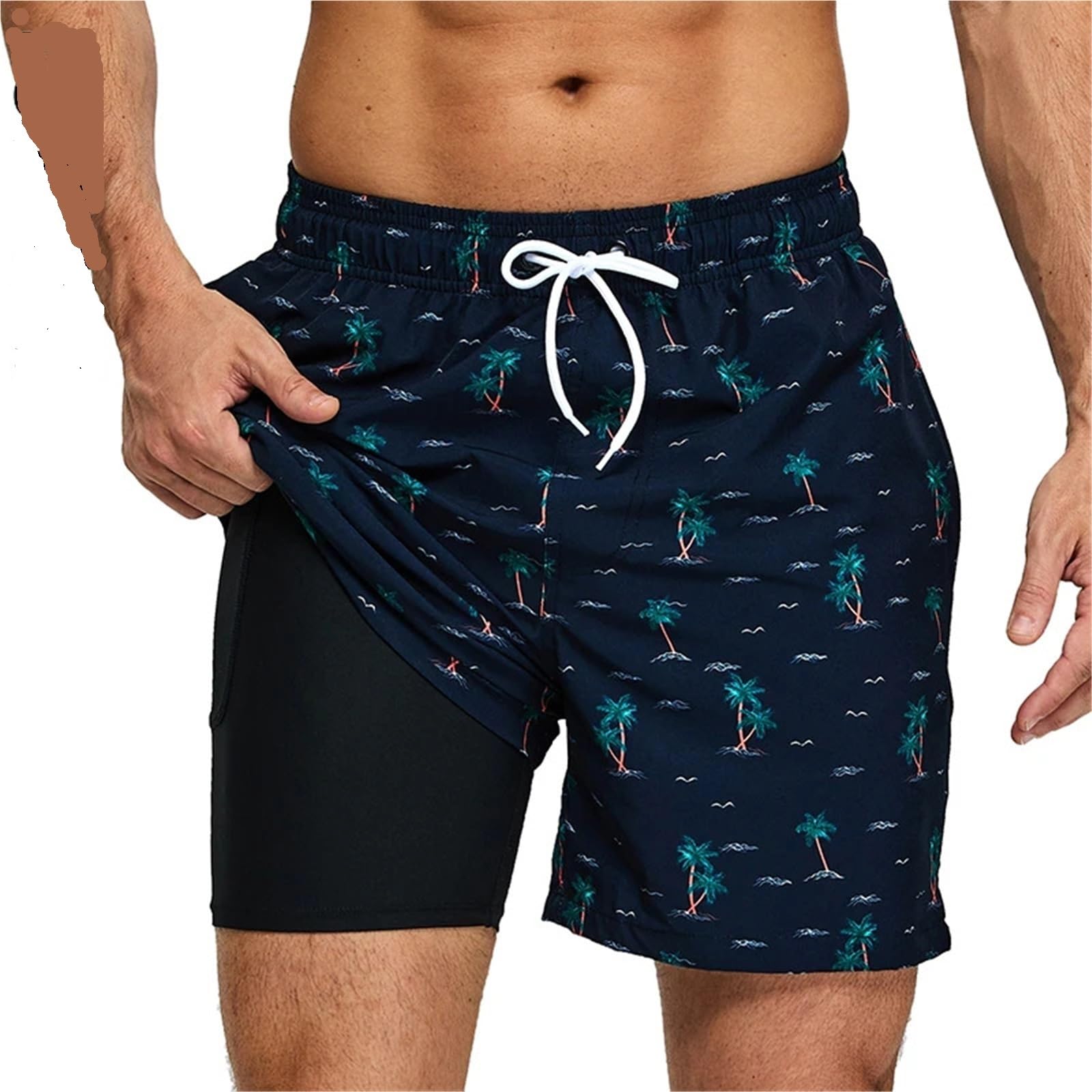 Pantaloncini Estivi da Uomo, Traspiranti, con Fodera Lunga, da Palestra, da Bagno, ad Asciugatura Rapida, con Tasca con Cerniera, da Spiaggia(Coconut Tree,XL)