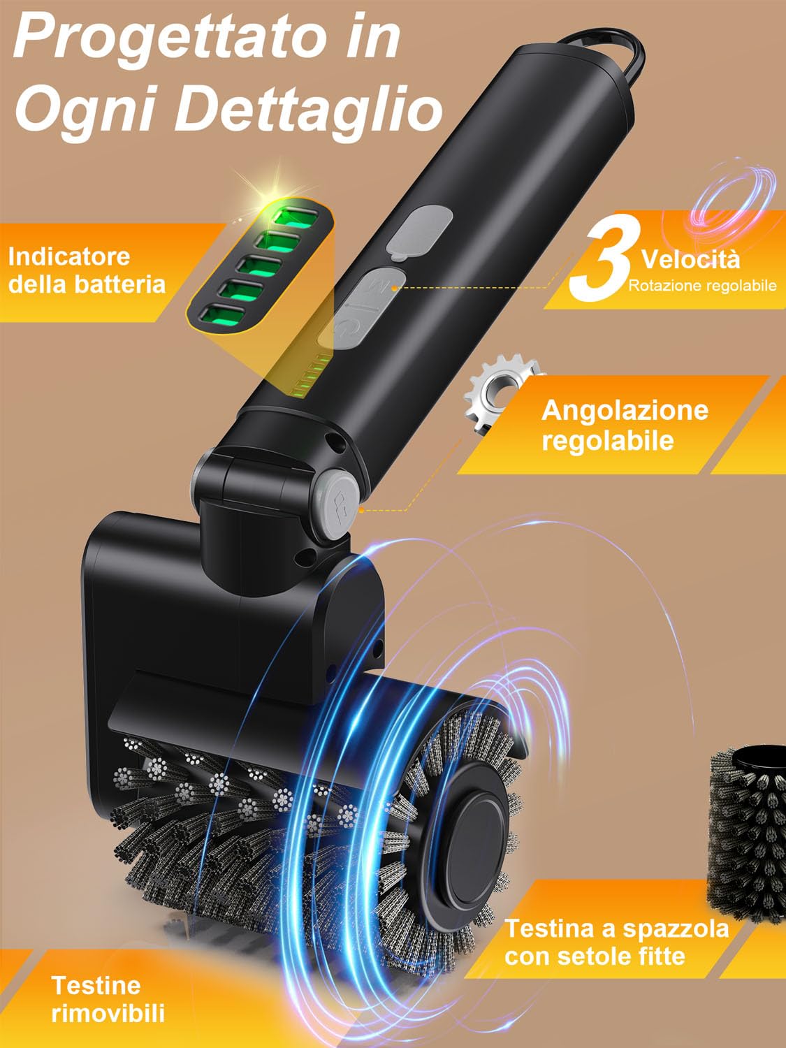 Spazzola Elettrica per Grill, Ricaricabile Senza Fili, 3 Velocità, 2 Testine e Tampone Abrasivo