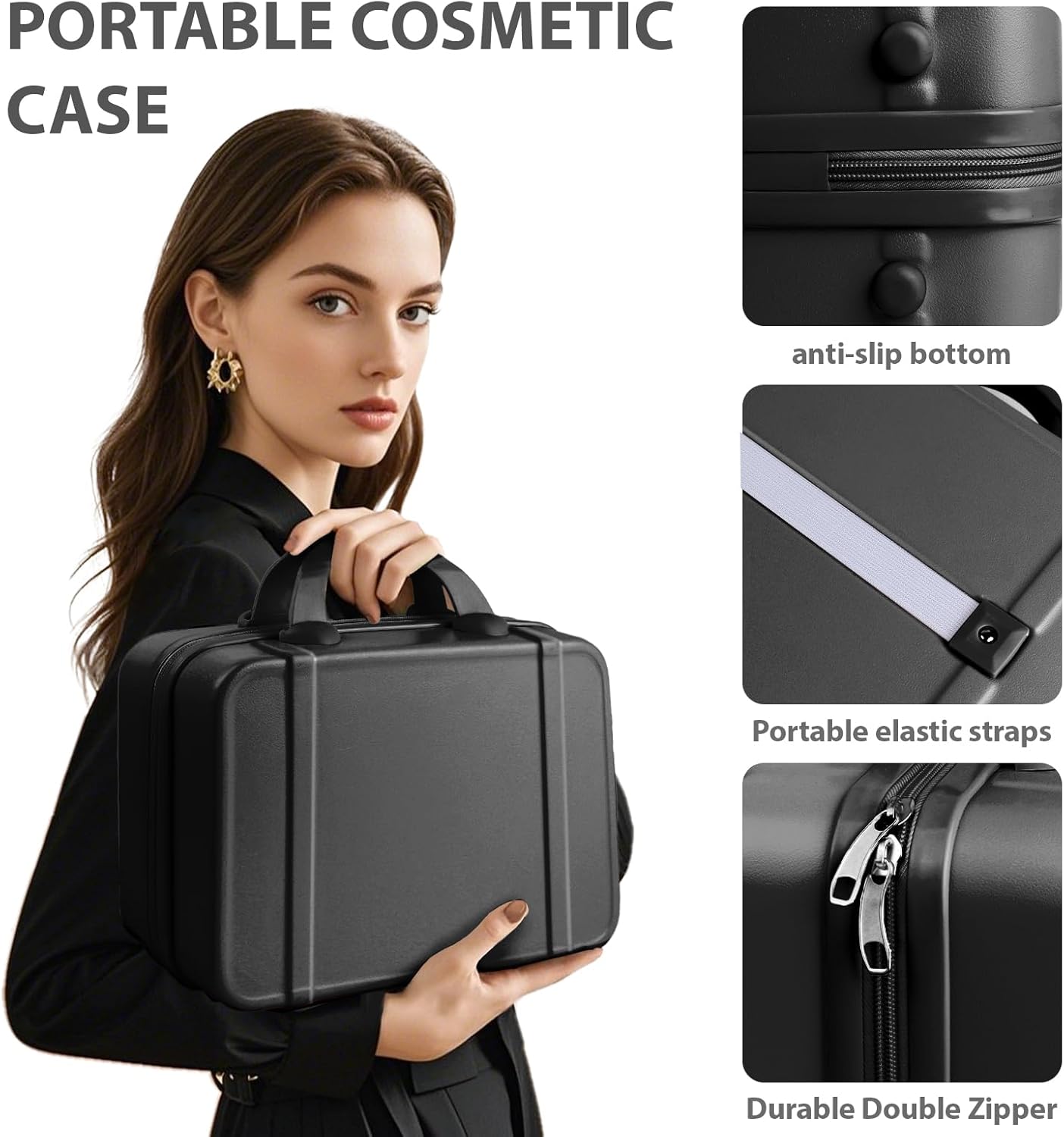 JZRSuitcase 14 Inch Makeup Train Case ABS Toiletry Bag for Women Portable Travel Hard Shell Carry-On Mini Cosmetic Organizer with Elastic Bands