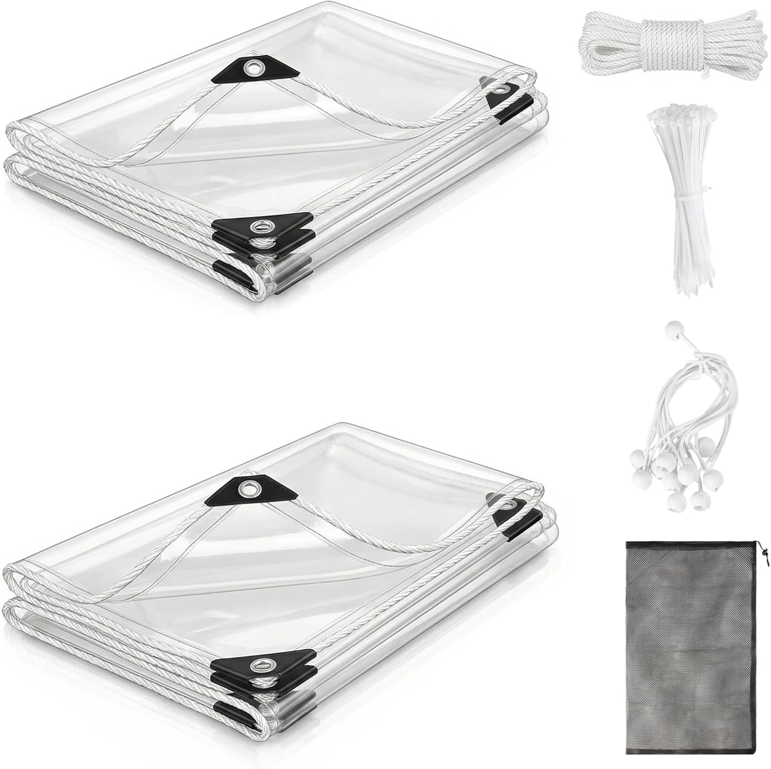 Tarp 2.4m x 3m 2PCS Heavy Duty 240GSM Transparent PVC Tarpaulin, Waterproof UV Resistant Clear Tarp with Reinforced Grommets, Rope, Bungee Cords & Straps for Patio, Pergola, Garden, Dog Houses