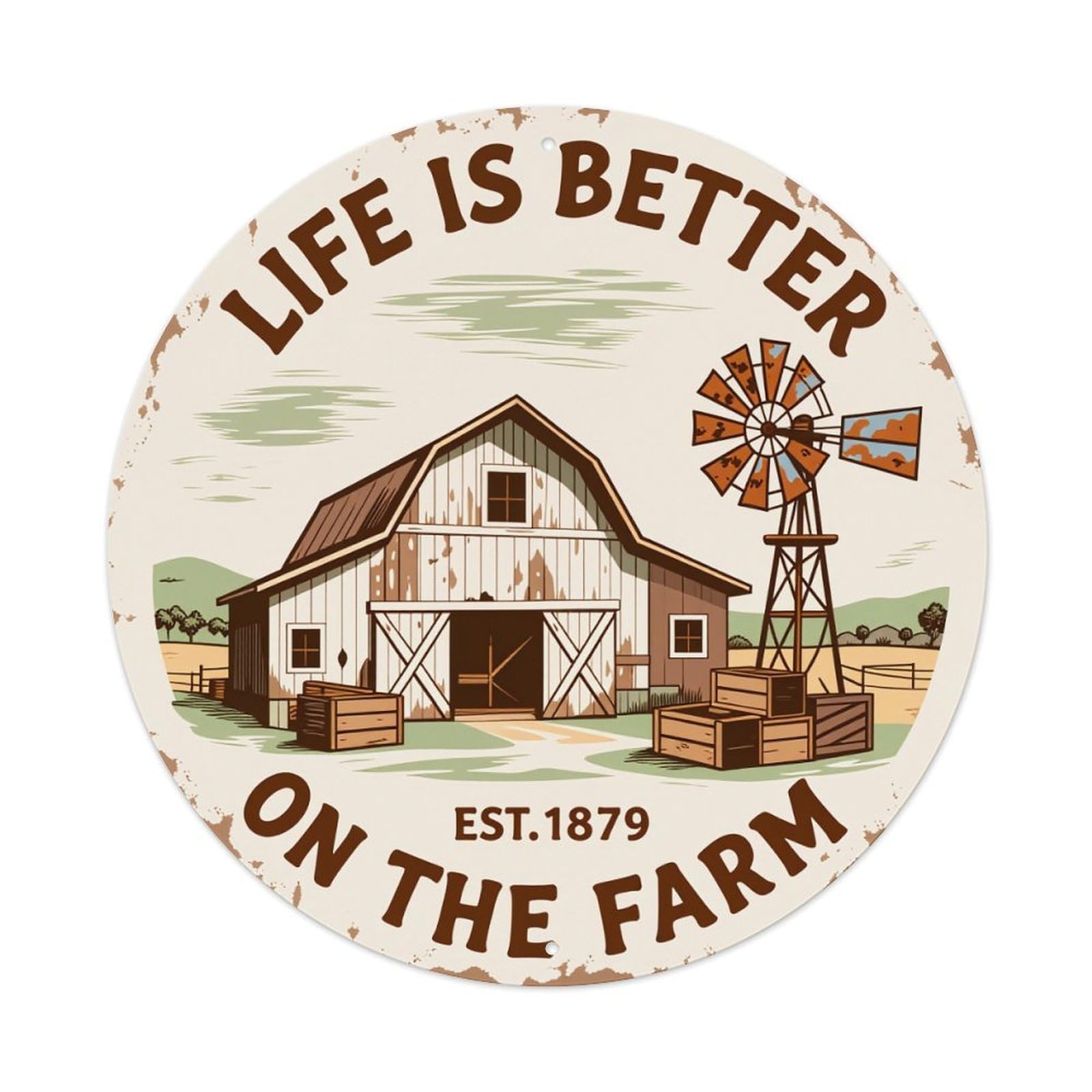 Life Is Better On The Farm Barn Windmill Rustic Scene Round Vintage Tin Sign,Retro Wall Art,Metal Poster for Home, Bar, Garage, Cafe, Rustic Indoor & Outdoor Decor, 8x8 Inches