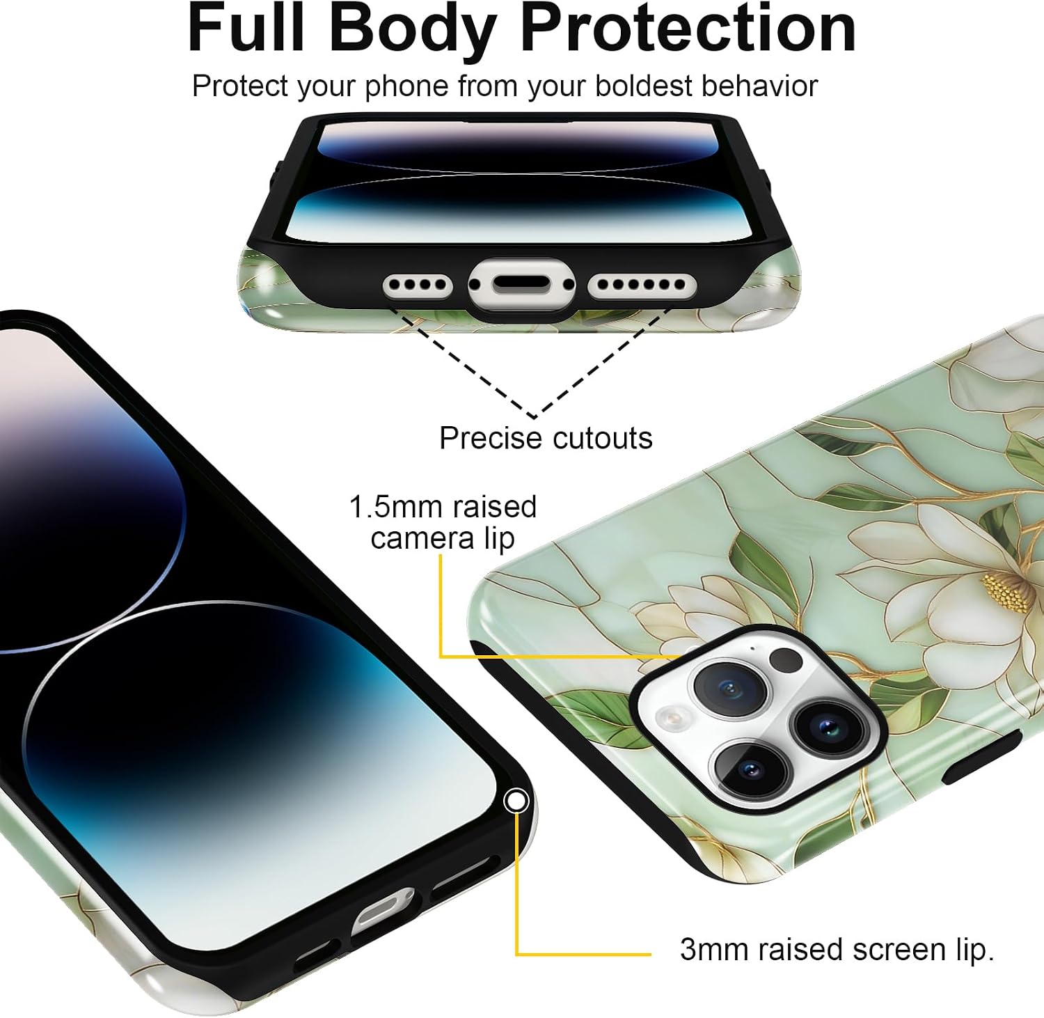 for iPhone 14 Pro Max 6.7'' White Magnolia Flowers Case, Aesthetic Protective Trendy Phone Case for Women Girls, Cute Stained Glass Flower Funda Dual-Layer Hard Shell+Silicone Shockproof Cover image 3