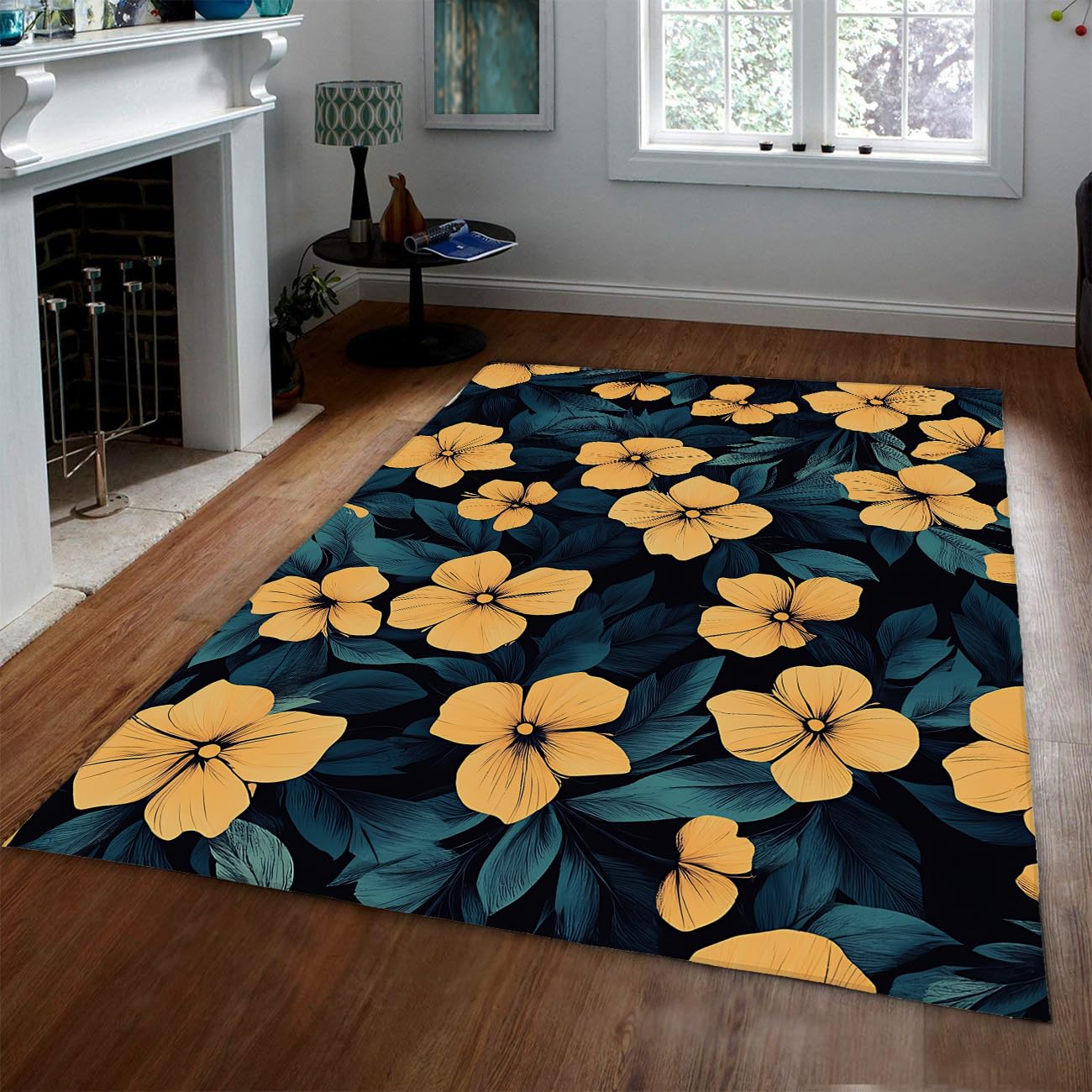 Tapis avec motif feuillages denses bohème jaune et vert