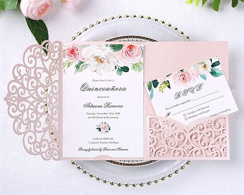 Vista 27 de ponatia 5.12 x 7.2 Invitaciones de boda de corte láser con purpurina negra, bolsillos de invitación triples cortados con láser con sobres