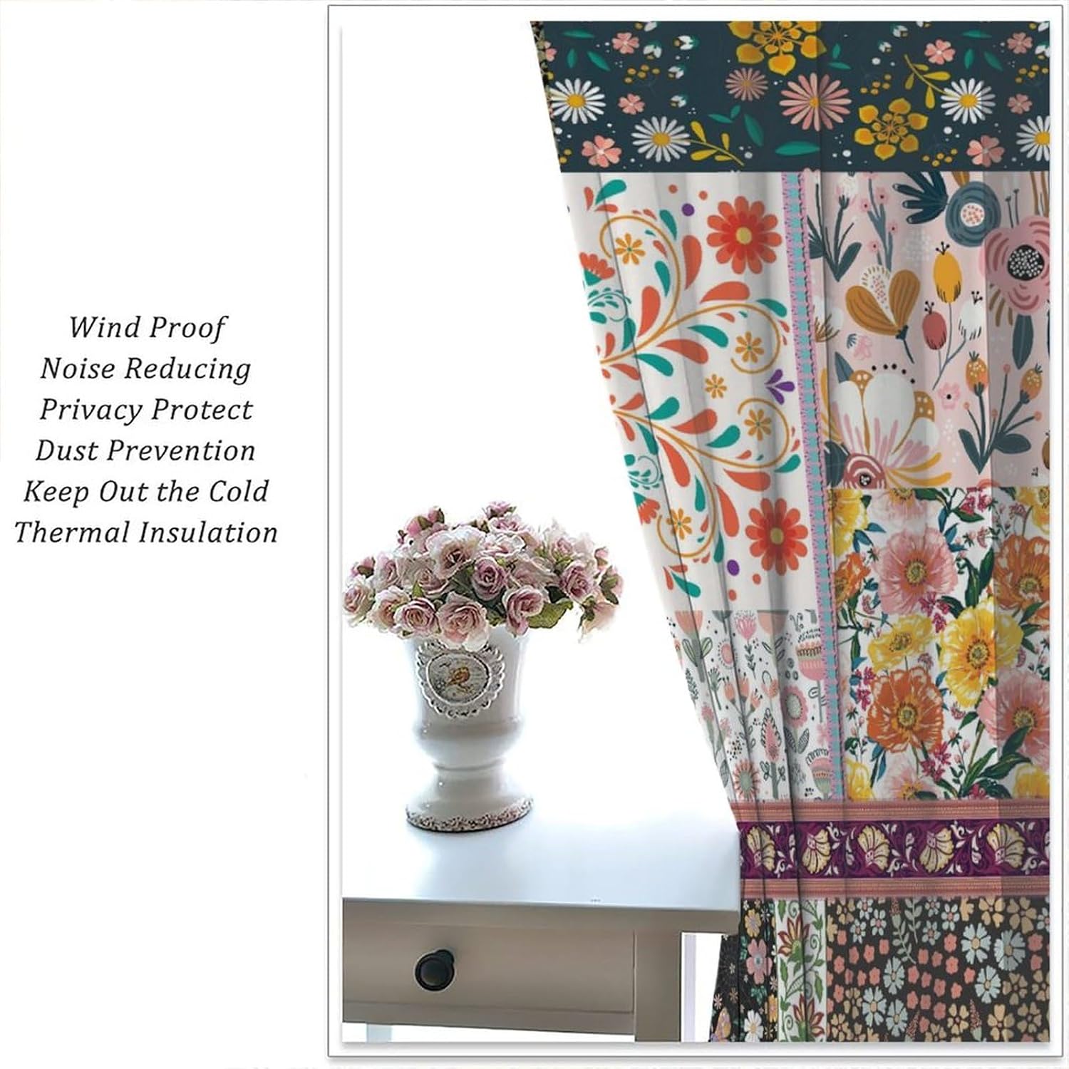 Boho Patchwork Curtains, Colorful Wildflower Hippie Flower Farmhouse Country Retro Window Treatments, Rod Pocket Thermal Insulated Drapes 2 Panel Sets for Bedroom Living Room, 42"W x 45"L【Decor】