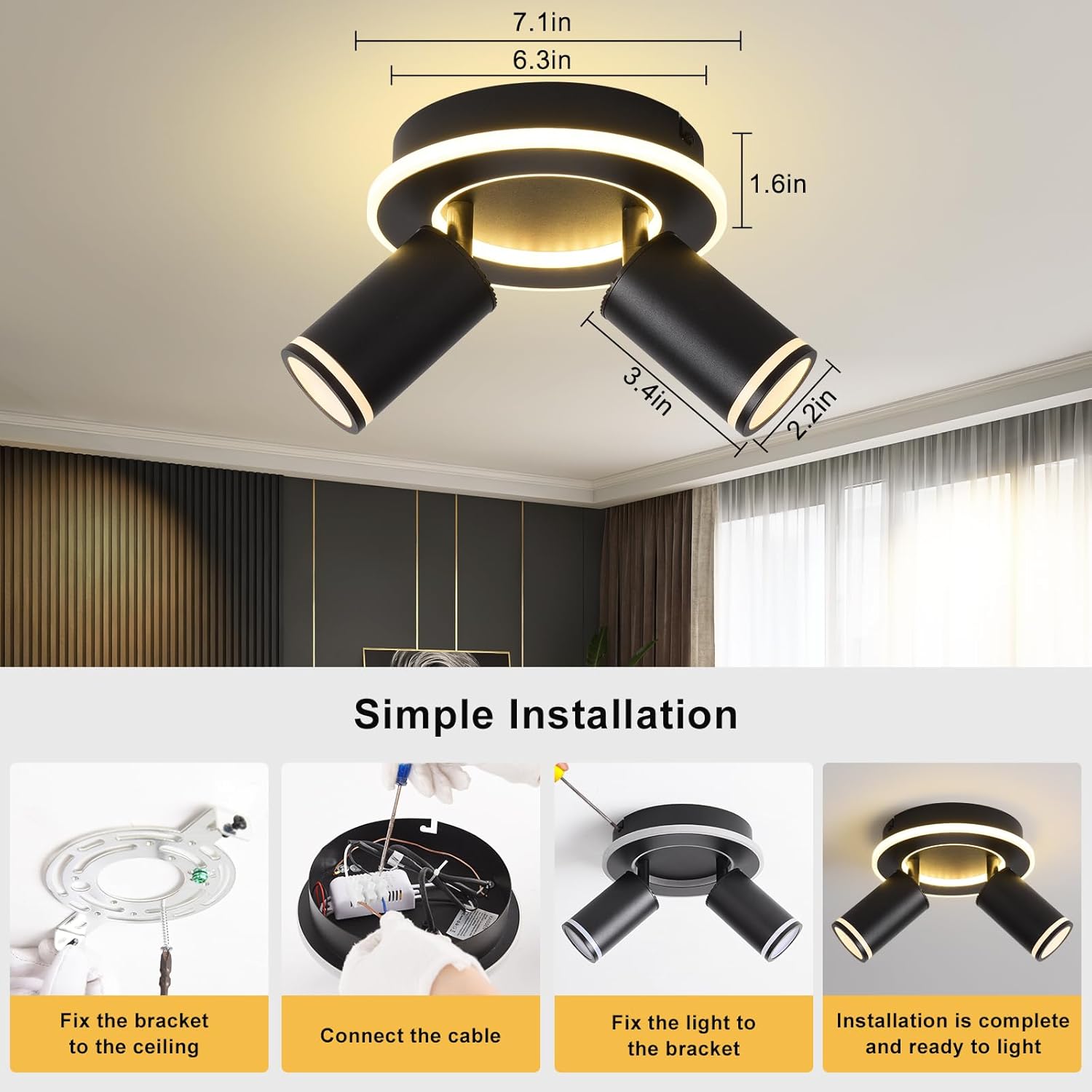 LED 2 Light Track Lighting Kit, Black Round Ceiling Spot Lighting Fixture with Flexibly Rotatable Heads, Modern Spotlight for Kitchen, Living Room, Bedroom, Dual Lighting Design,Includes 2 x GU10 Bulb