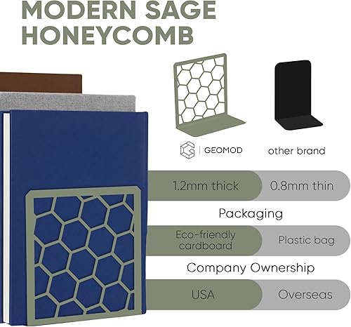 Miniatura 4 de GEOMOD Sujetalibros geométricos de metal salvia con forma de panal de abeja, extremos altos y resistentes para estantes, moderno y resistente