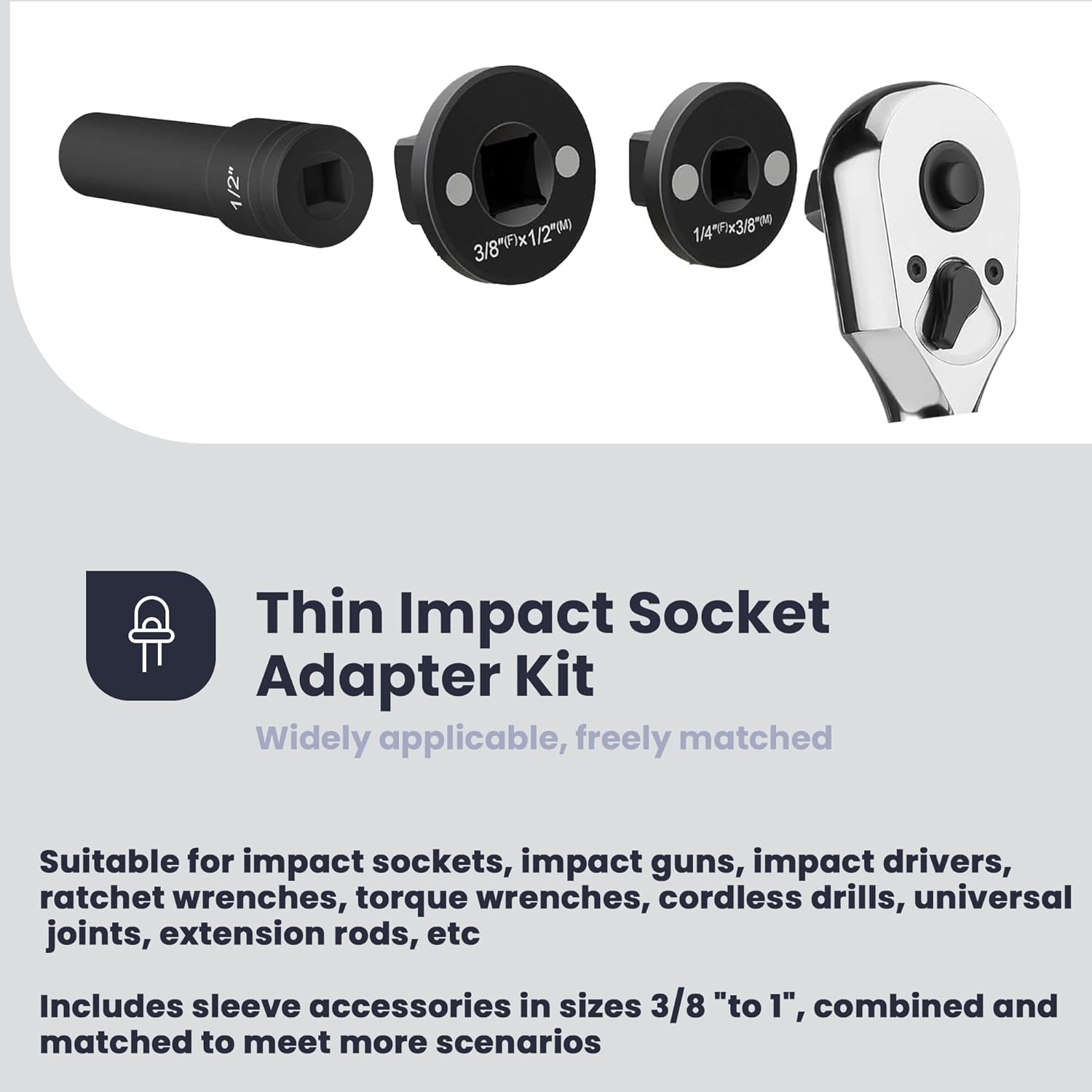 Low Profile Impact Socket Adapter Set, Drive Ratchet Adapter Set, 1/4" to 3/8", 3/8" to 1/2", 1/2" to 3/4", 3/4" to 1", Designed for Tight Spaces, Magnetic Design, Works with Sockets, Cordless Drills
