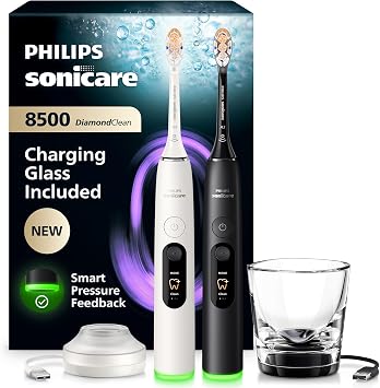 Philips Sonicare Next-Generation DiamondClean 8500 Sonic Electric Toothbrush − with Smart Pressure Feedback and 18 Settings, Powder White & Black, 2 Pack, HX8596/21