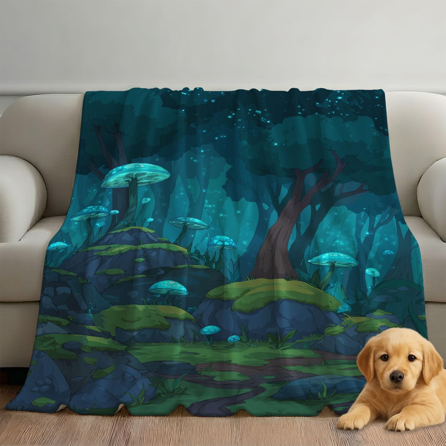 Generisch Koc polarowy, cyjan, zielony, kreskówka, fantazyjny las, grzyb, 150 x 200 cm, koc na kanapę, puszysty koc z mikrofibry, narzuta na łóżko, sofę